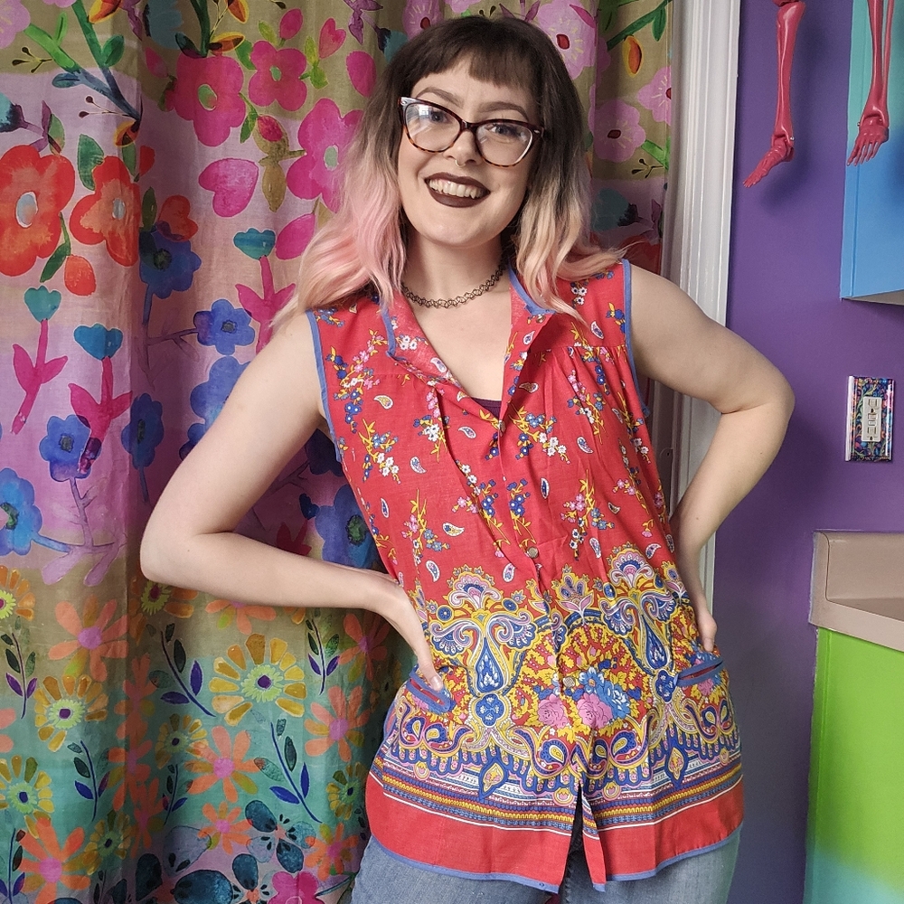 Another Fine Artistic Creation Red Paisley Multicolor Snap Up Blouse Shirt